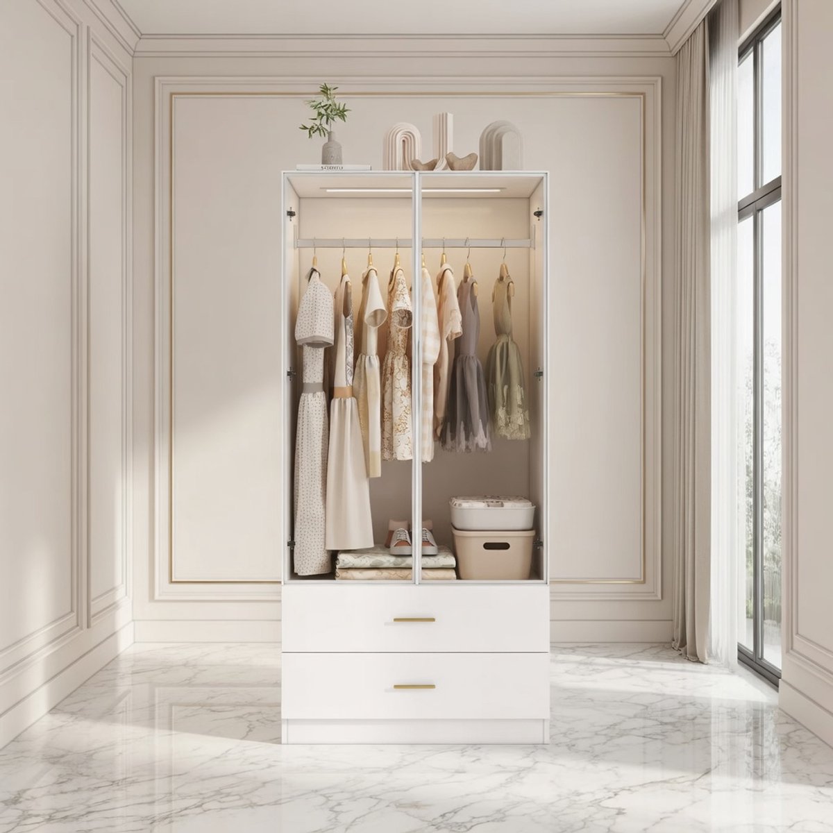 Modern Slaapkamer Kleerkast met LED-verlichting en Glazen Deuren, Garderobekast met Kleerhanger en 2 Lades, Witte Opbergkast voor Kleding en Accessoires – 80x50x175 cm House&Garden