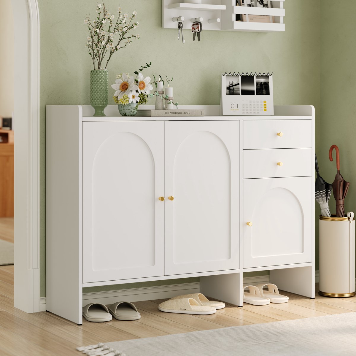 Wishdor Schoenenkast - 3 Deuren En 2 Laden - Verstelbare Planken - Modern - Voor Hal - Wit - 120 x 35 x 90 cm