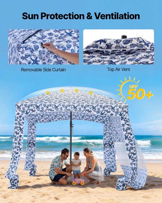 VEVOR Strandcabana 183x183cm, Strandluifel met Zijwanden, UPF 50+ Zonbescherming, Strandpaviljoen met Zandzakken, Donkerblauw Patroon van Vevor — afbeelding 4