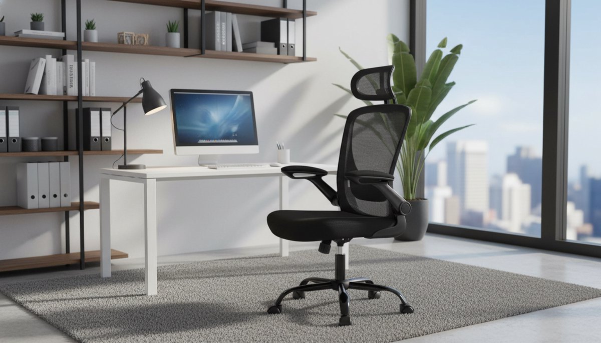 Ergonomische bureaustoel Casa Velluto ComfortPro Mesh | Draaistoel met verstelbare lenden- en hoofdsteun, brede 53 cm zitting, opvouwbare armleuningen, kantelfunctie | Kantoor- en slaapkamerstoel zwart