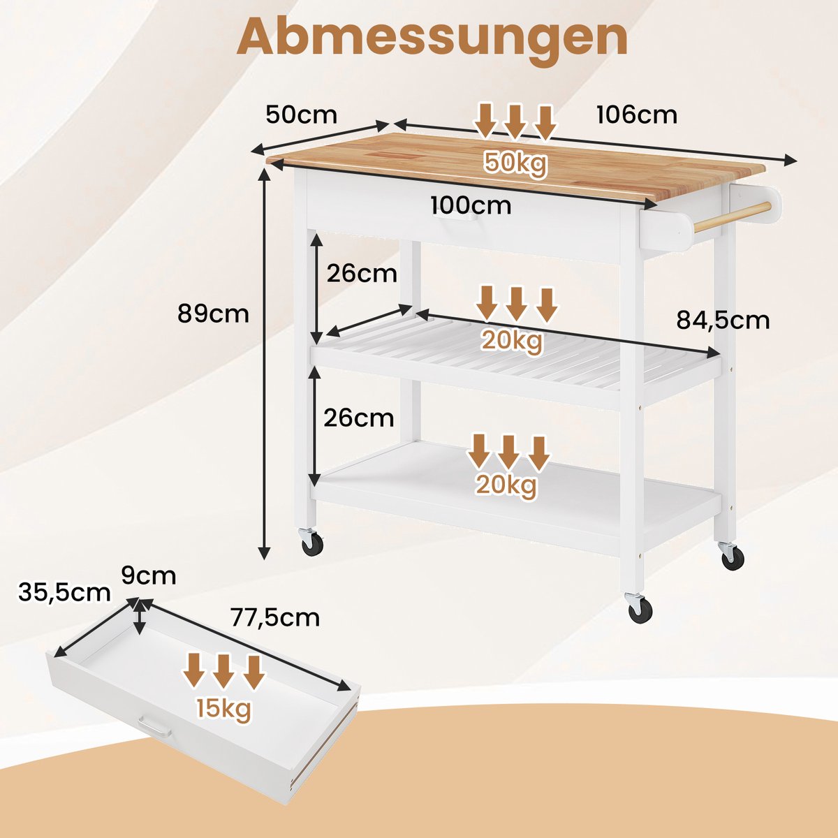 COSTWAY Keukentrolley, mobiel keukeneiland met werkblad, 3 verdiepingen, keukenrolwagen met 2 open planken, lade, vergrendelbare wielen, serveerwagen voor eetkamer, keuken (wit)