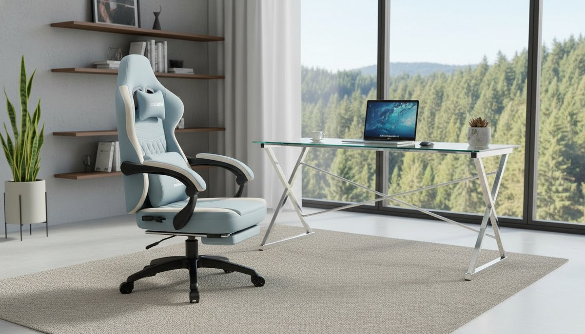 Gamingstoel Casa Velluto MaxComfort – ergonomische bureaustoel met pocketveringkussen, massagefunctie, verstelbare hoofdsteun en lendensteun, inklapbare voetensteun, 150 kg draagvermogen, blauw
