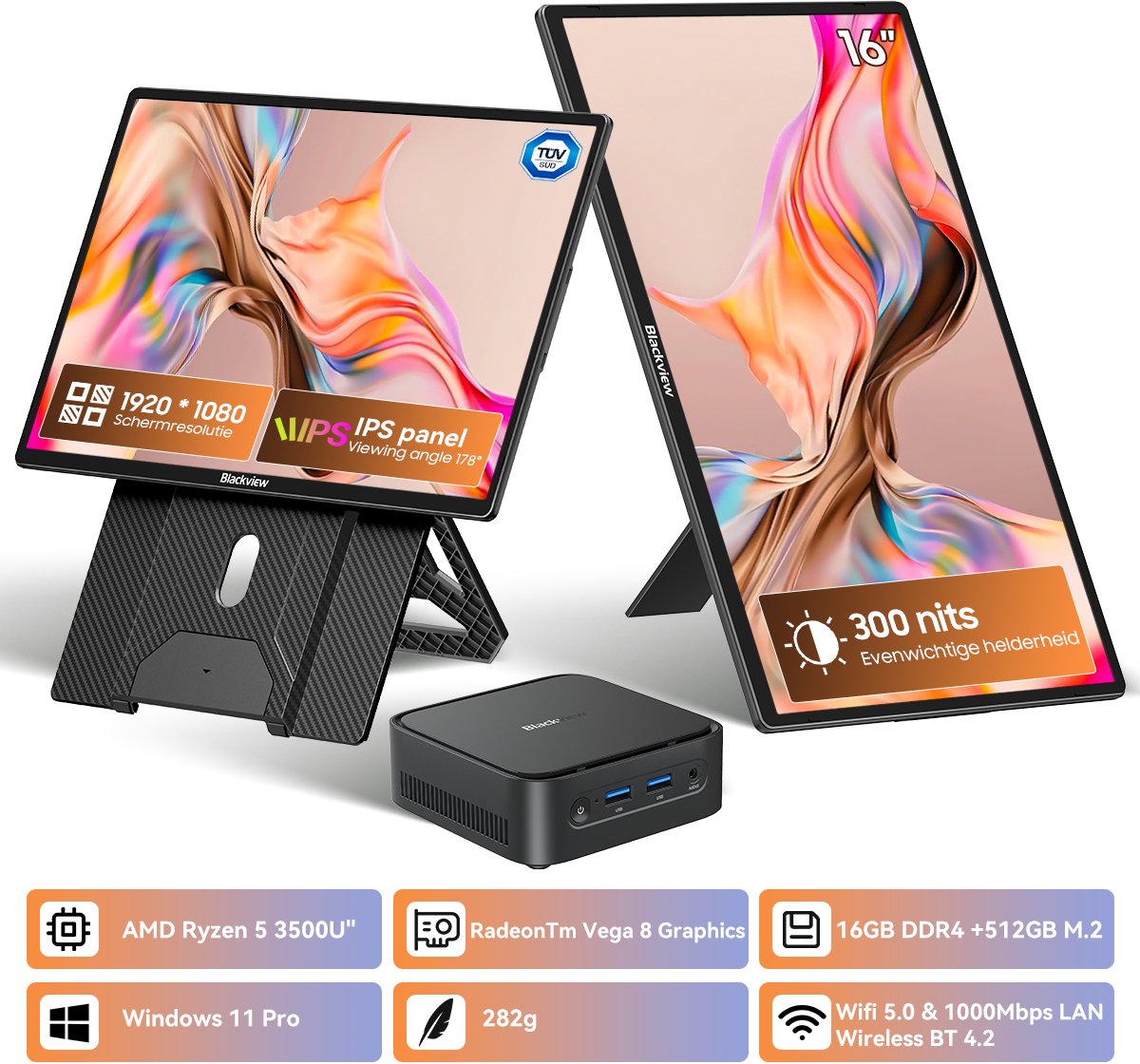 Blackview MP50 Mini PC + Table 9 Draagbare Monitor Set - 16GB DDR4 512GB SSD - AMD Ryzen 5 3500U tot 3,7GHz - Windows 11 Pro - WiFi 5 4K UHD - Gigabit Ethernet - Toetsenbord Muis - 16 Inch FHD USB-C HDMI - Zwart