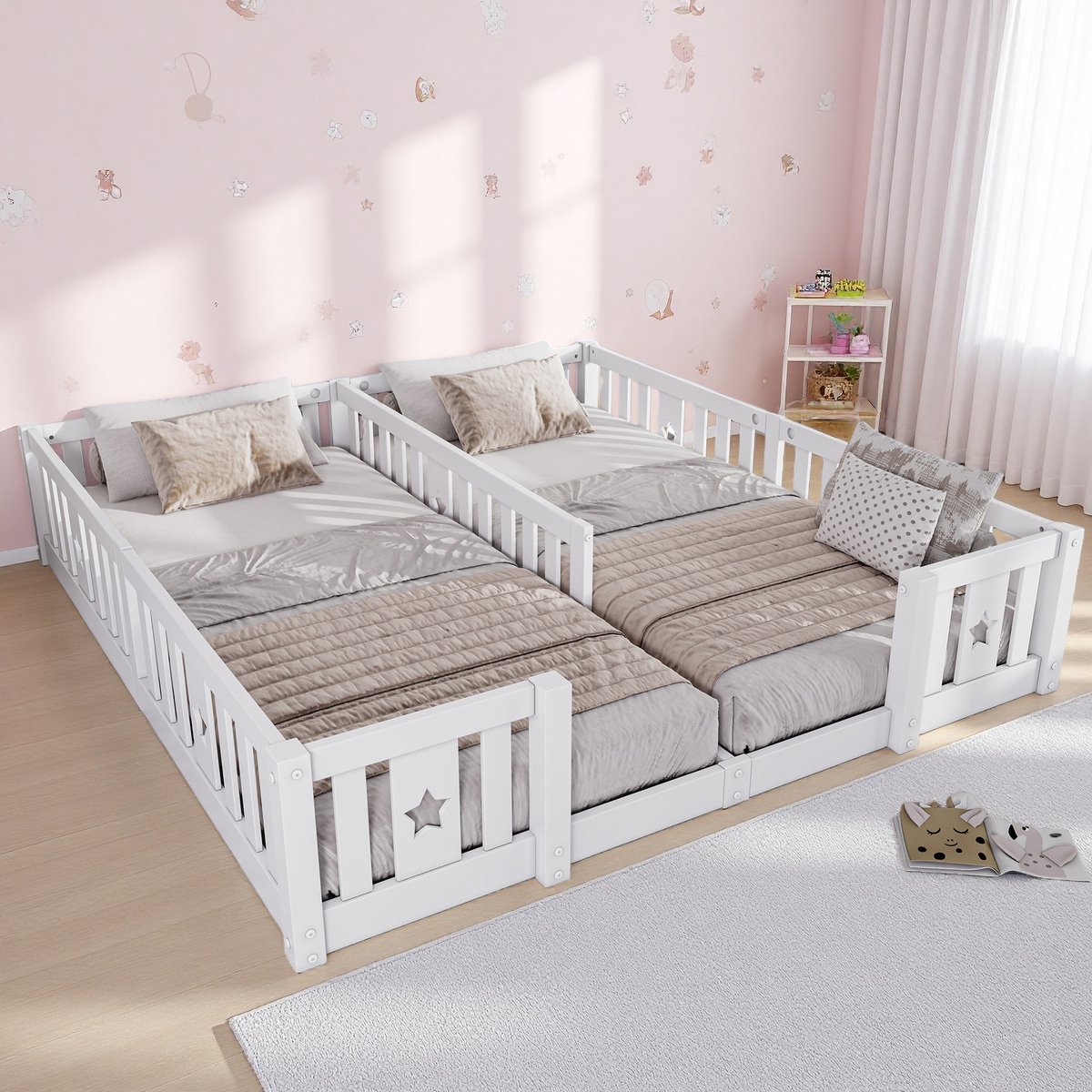 ROSAHQNDA Kinderbed, vloerbed voor twee personen met valbeveiliging, 90 x 200 cm, massief hout, wit, Montessori kinderbed, voor jongens en meisjes, zonder lattenbodem Wit- zonder lattenbodem