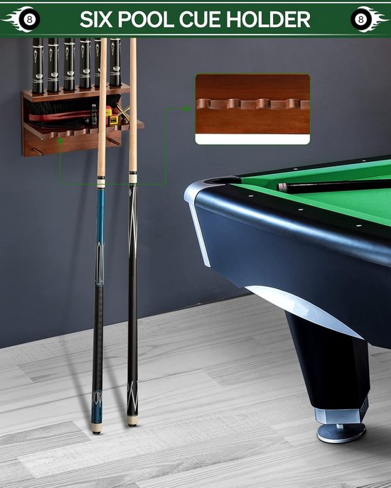 Pool Keu Houder - Biljart Keu Rack - Keu Opslag - Wandmontage Ontwerp - Houdt 6 Keuen Vast - Bruin — afbeelding 4