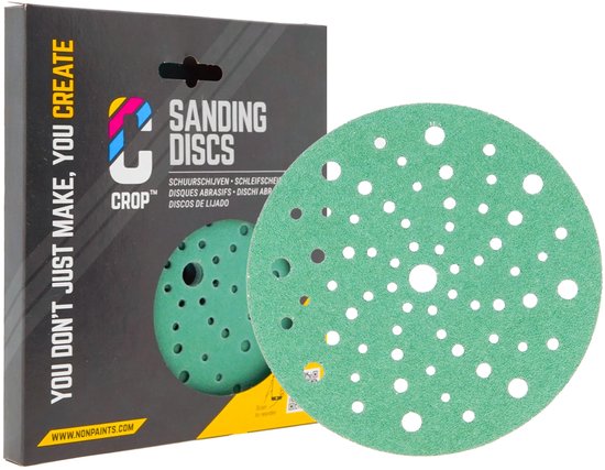 Groene schuurschijf van CROP met 150mm diameter en veel kleine gaatjes voor stofafzuiging, met "CROP SANDING DISCS" op de verpakking.