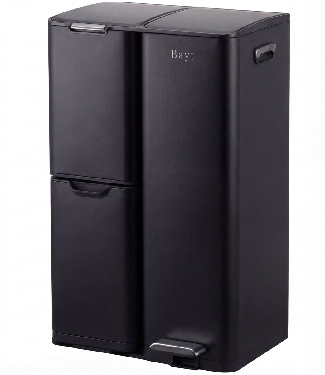 Bayt Prullenbak - Prullenbak 60 Liter - Vuilnisbak 60 Liter - Pedaalemmer 60 Liter - Prullenbak Afvalscheiding - Prullenbak 3 Vakken - Afvalbak - RVS - Zwart