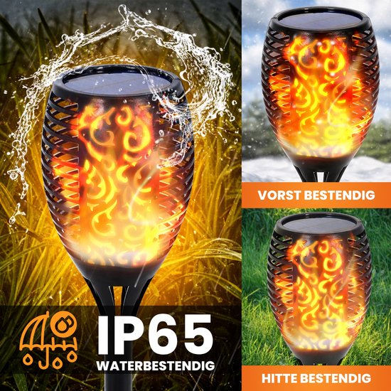 Tuinfakkel op zonne-energie met IP65 waterbestendigheid, vorstbestendig en hittebestendig.