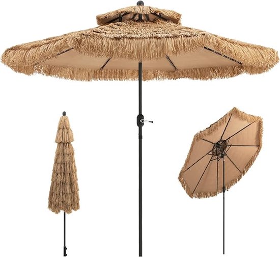 Strandparasol met een beige stof en een dubbele laag met franjes van stro.