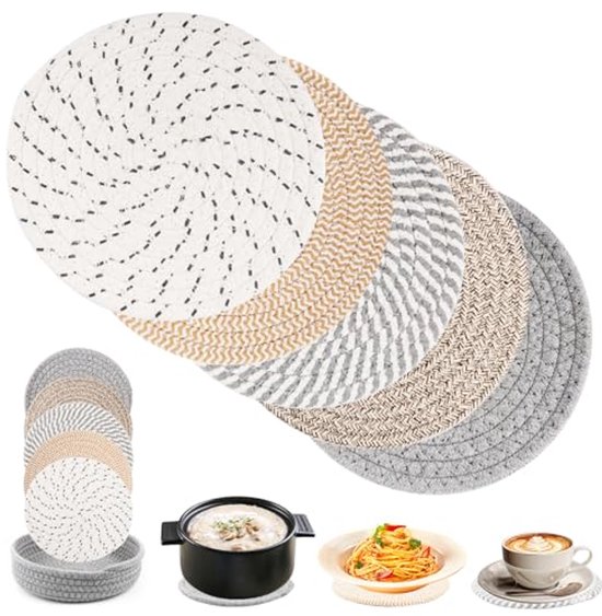 Set van ronde onderzetters (18 cm) in beige, grijs en wit, in een grijze mand met pannen.