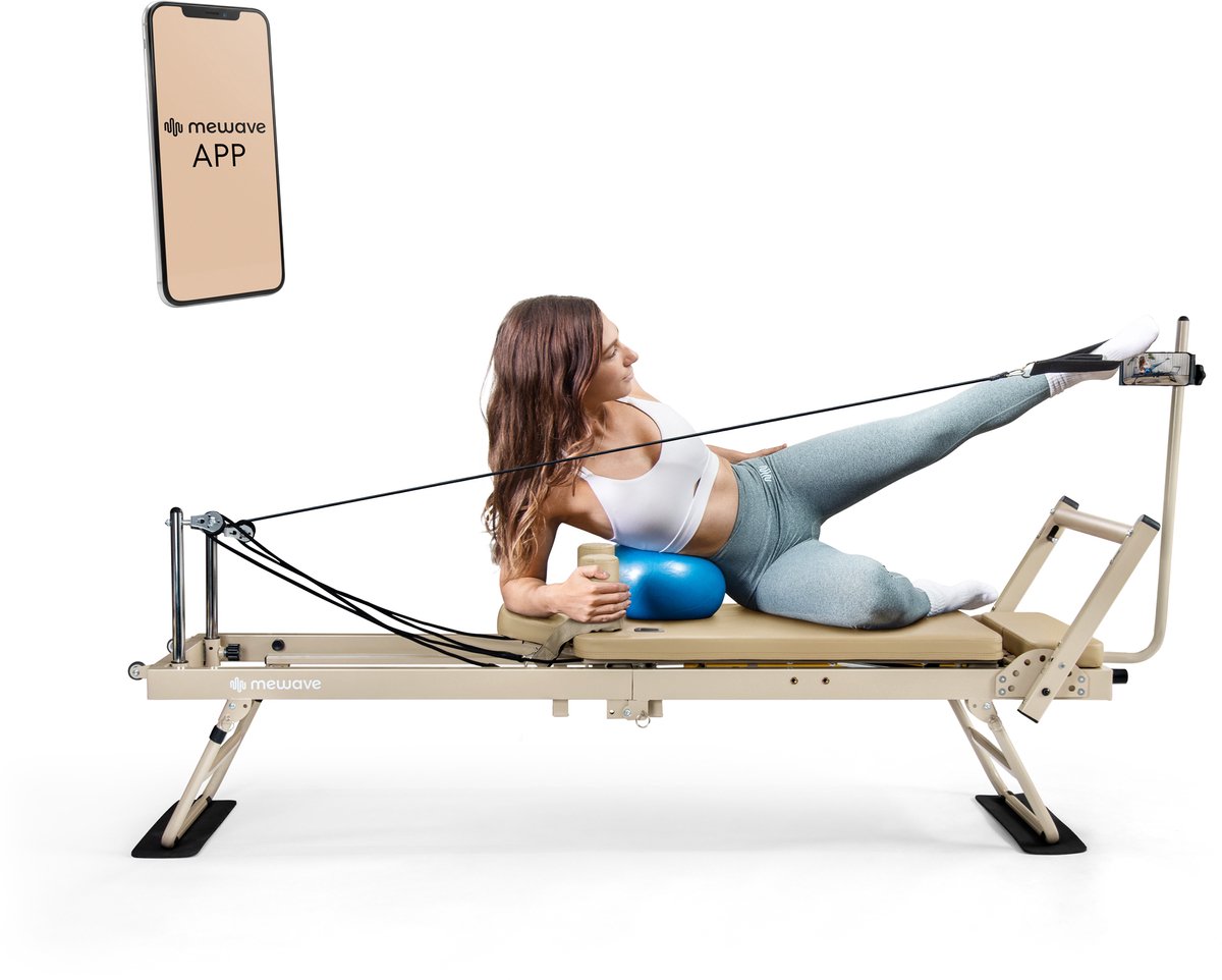 Mewave© Pilates Reformer PRO – Inklapbaar & Verstelbaar – Voor Thuis & Studio – Met Telefoonhouder & App met pilates workouts – Beige