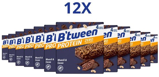 12 doosjes B'tween Protein Zero Muesli & Cacao repen, elk met 4 repen.