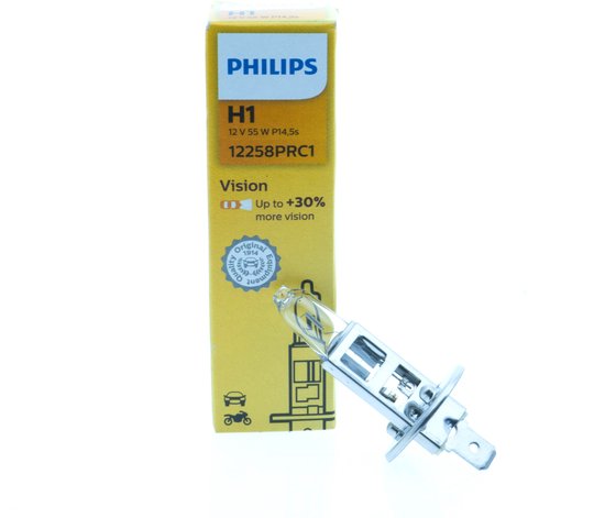 Een Philips H1 Vision autolamp staat naast de verpakking.