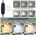Gedetailleerde bedieningsknop voor helderheid en kleurmodus, met voorbeelden van de 10 helderheidsniveaus en 3 kleurtemperaturen.