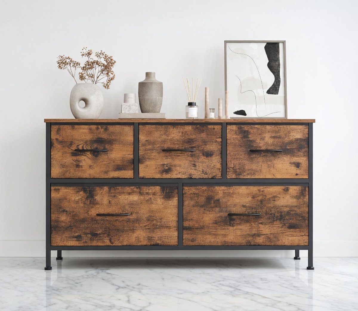 Luxe Vintage Commode met 5 Lade-opbergers – Stijlvolle Opbergkast voor Slaapkamer, Woonkamer, Hal of Kantoor – Robuust MDF, Hout en Staal – Bruin en Zwart,House&Garden