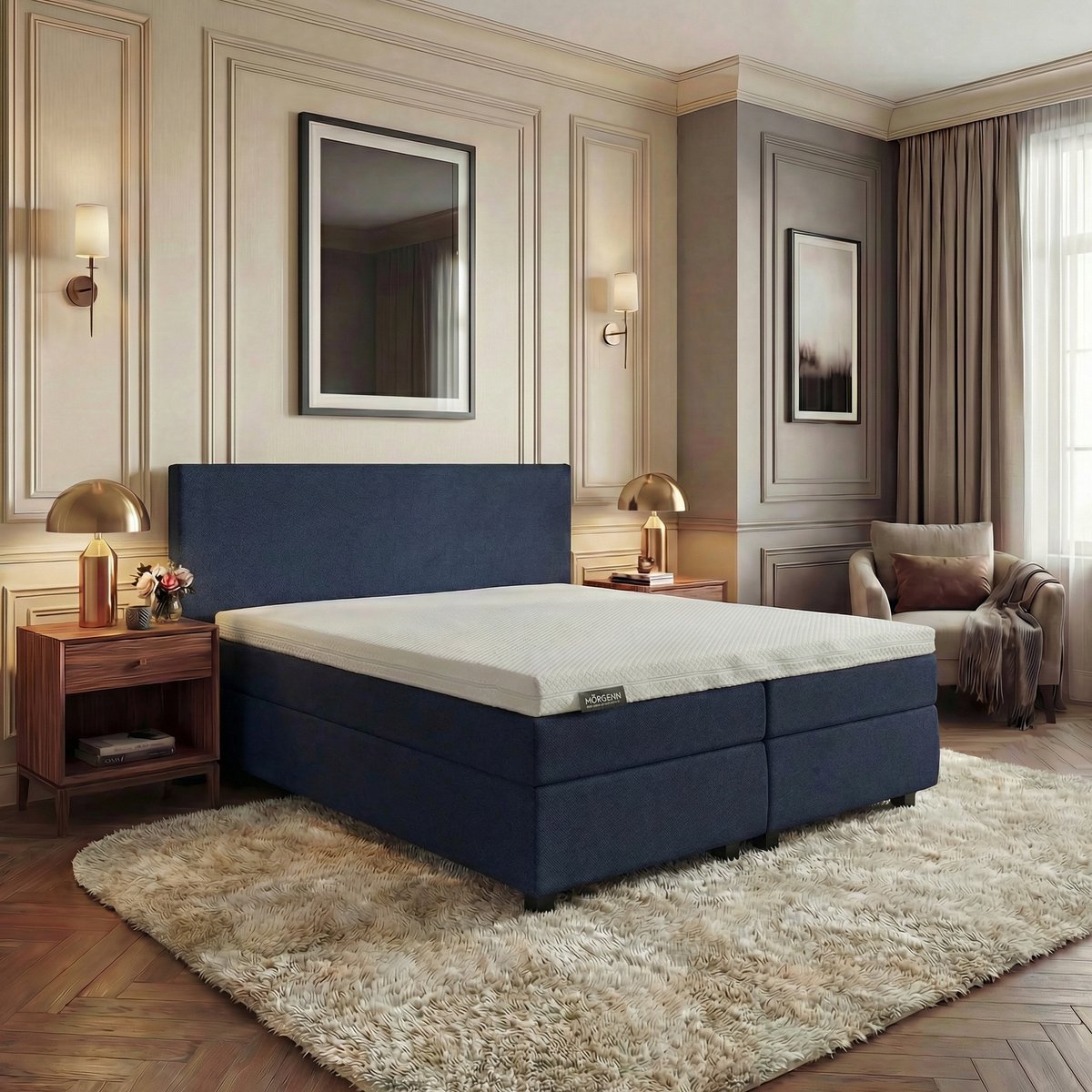 Mörgenn Hotel en B&B Boxspring - Pocketvering - Donkerblauw - 180x200 cm - Inclusief Dekbed en Kussens