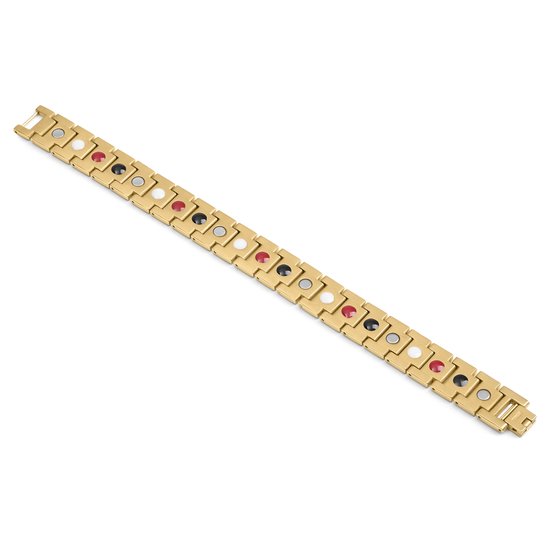 Goudkleurige schakelarmband diagonaal, met afwisselend vlakke schakels en schakels met rode, witte en zwarte cirkels.