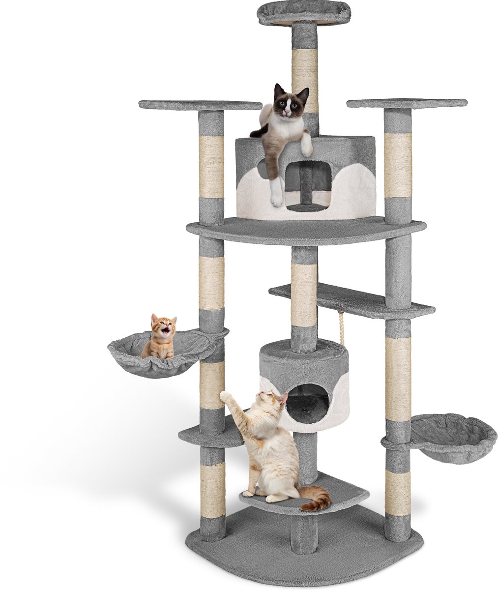 Bol.com tectake® Grote Kattenkrabpaal - Grijs/Wit - XXL Krabmeubel met 2 Kattenhuisjes, Speeltoren, Krabpaal van Sisal en Access... aanbieding