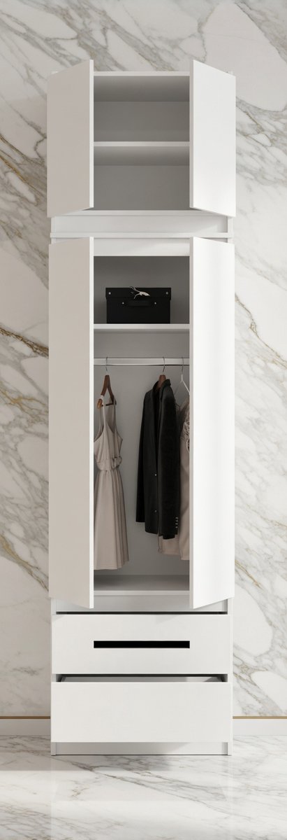 Maxima 4-Deurs Kledingkast met Opzetstuk – 234x60x51 cm – 2 Laden, Kledingstang en 3 Legplanken – Moderne Garderobekast voor Slaapkamer, Woonkamer en Hal – Wit - House&Garden