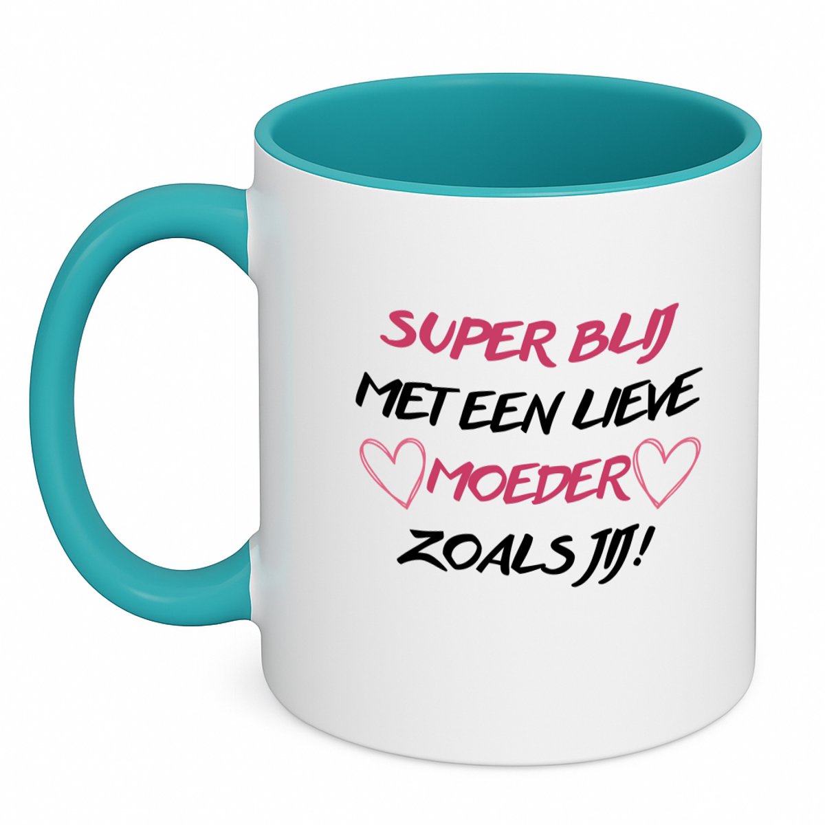 Hacebo® - Super blij met een lieve moeder zoals jij! koffiebeker turquoise - Moeder - Lieve moeder - thee mok - koffie beker - moederdag cadeautje - Cadeau voor mama - Verjaardag - Geschenk - Cadeau - Gift - koffiemok - 350 ML inhoud