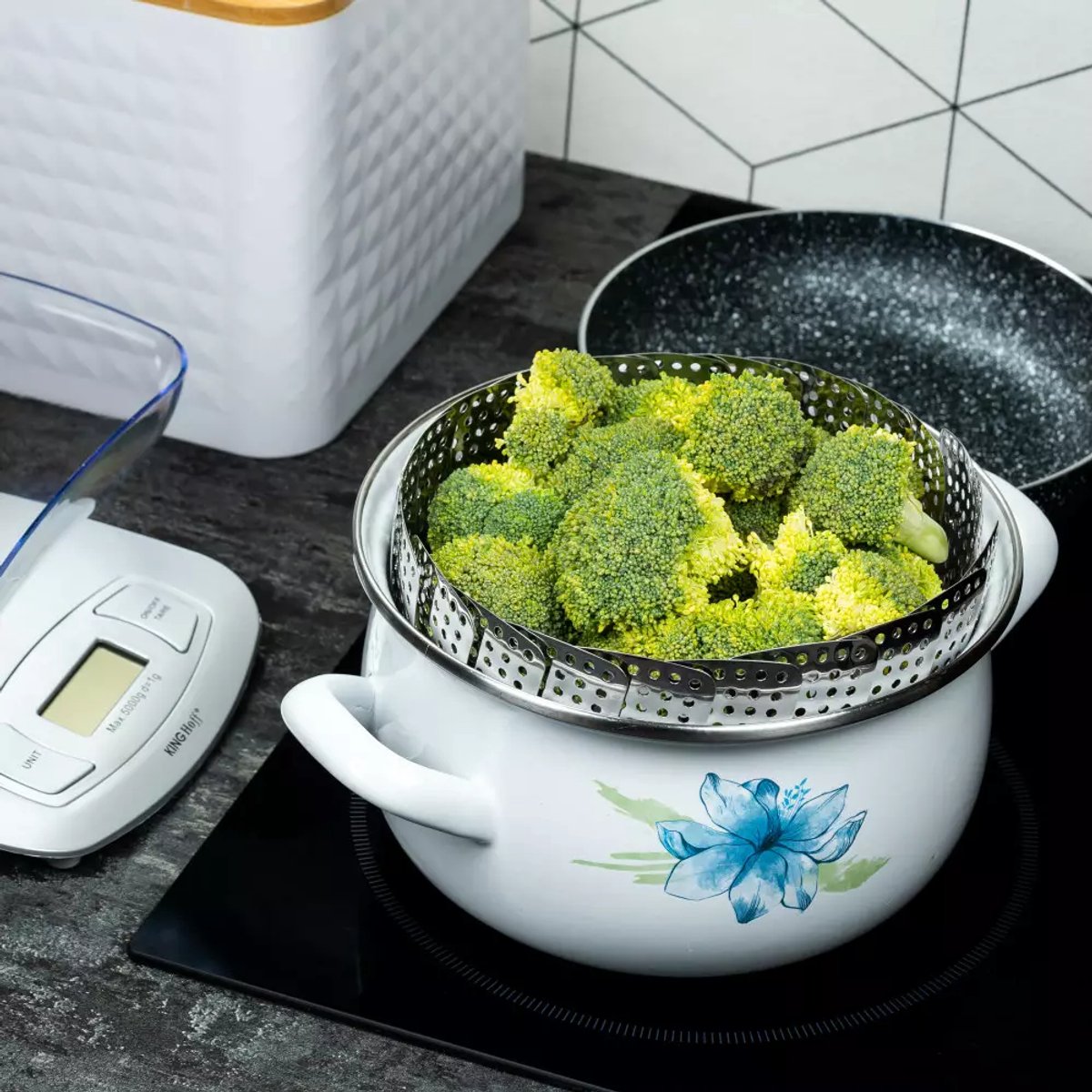 KINGHOFF - Stoommandje - Groente Stomer voor Pan - Stoominzet Koken Gezond - Opvouwbaar Stoomrek - Stomen zonder Olie - Staal - ø24 cm - Zilver — cadeau in Kookcadeaus - foto 3