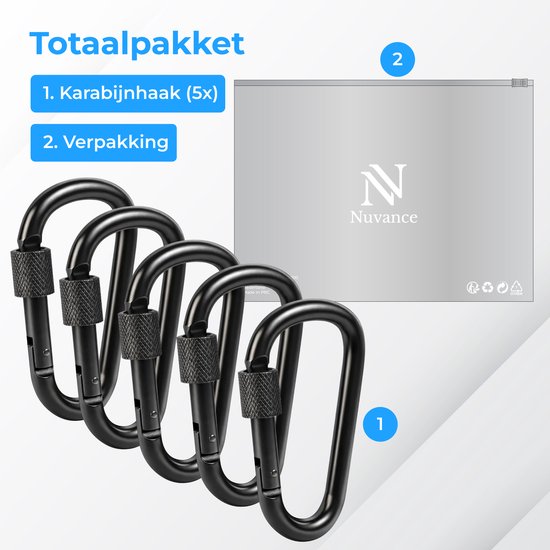 Vijf zwarte karabijnhaken met schroefslot, naast een verpakking met het Nuvance logo.