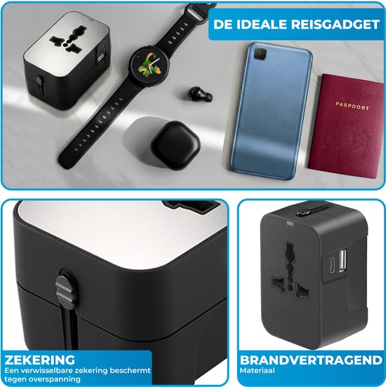 Universele wereldstekker - Reisstekker - Internationale Reisadapter - USB-C en USB-A - 150+ Landen - Amerika (USA) - Zuid Amerika - Engeland (UK) - Azië - Europa - Afrika - Wereldstekker lichtgewicht - Zwart