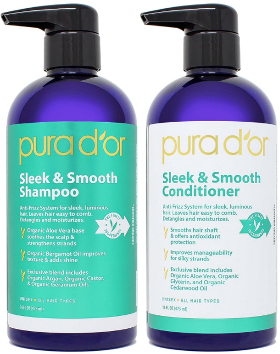 PURA D'OR Sleek & Smooth Shampoo & Conditioner Set – Anti-Frizz Haarverzorging met Aloë Vera, Arganolie & Castorolie voor Zijdezacht en Glad Haar