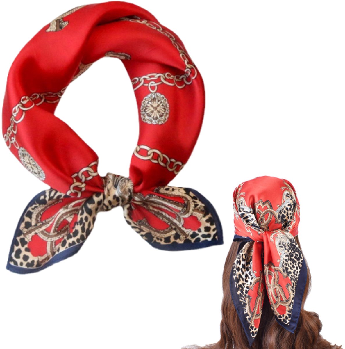Zijden sjaal - Sjaaltjes dames klein - Rood - Neksjaaltje dames – Neksjaal - Vierkant zijden sjaaltje - Elegante halsdoek – Halsdoek – LOUZIR