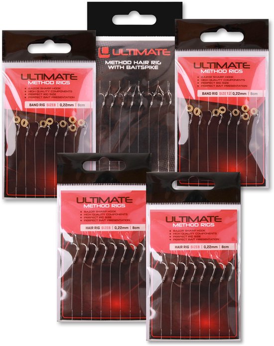 Verpakkingen met Ultimate Method Rigs. Diverse types, waaronder haakjes met baitspikes en bandjes.