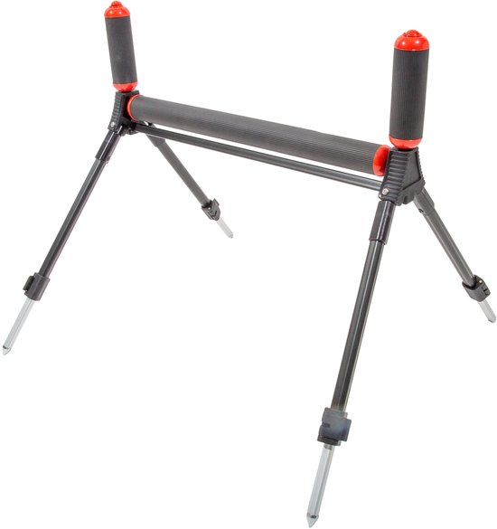 Support de canne à pêche noir avec pieds dépliables et extrémités pointues, doté de rouleaux noirs nervurés et de capuchons rouges.