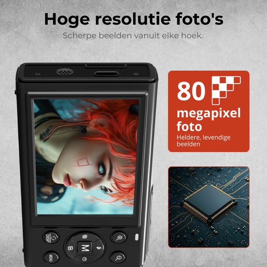 Close-up van de 5K Digitale Camera met op het scherm een portret van een vrouw met rood haar en blauwe ogen, 80 megapixels.