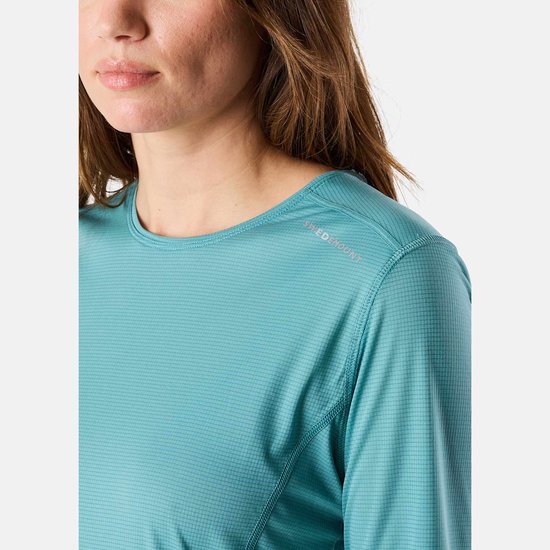 Dames turquoise sportshirt met lange mouwen, merk Swedemount, met logo op de schouder.