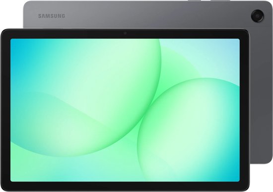 Grijze Samsung tablet met ingeschakeld scherm en abstracte groene vormen. Achterkant met camera en 'SAMSUNG' logo.