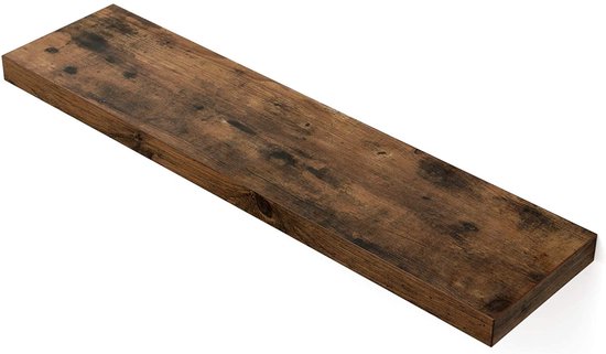 Een bruine, rustieke zwevende wandplank met een houten textuur, 80 cm lang.