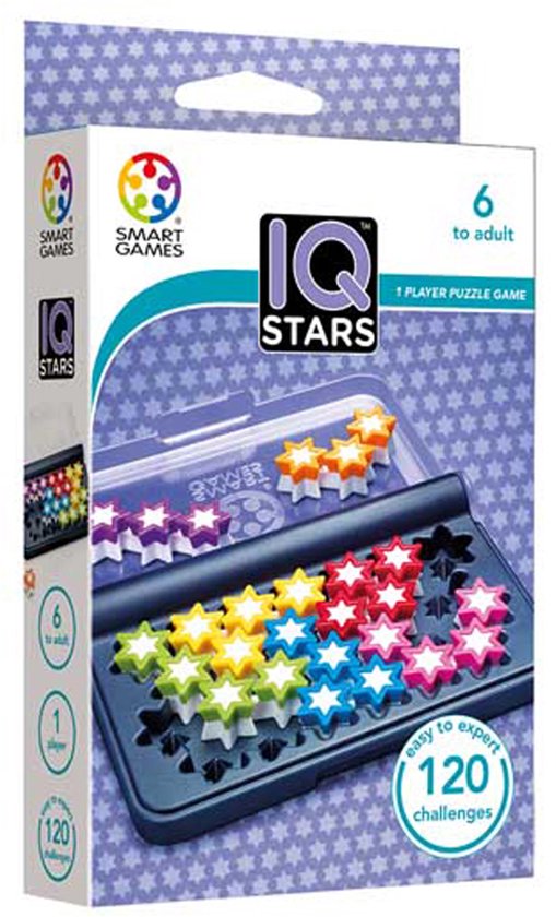 Verpakking van IQ Stars, een logisch denkspel met 120 opdrachten. De doos toont het spel met gekleurde sterren.