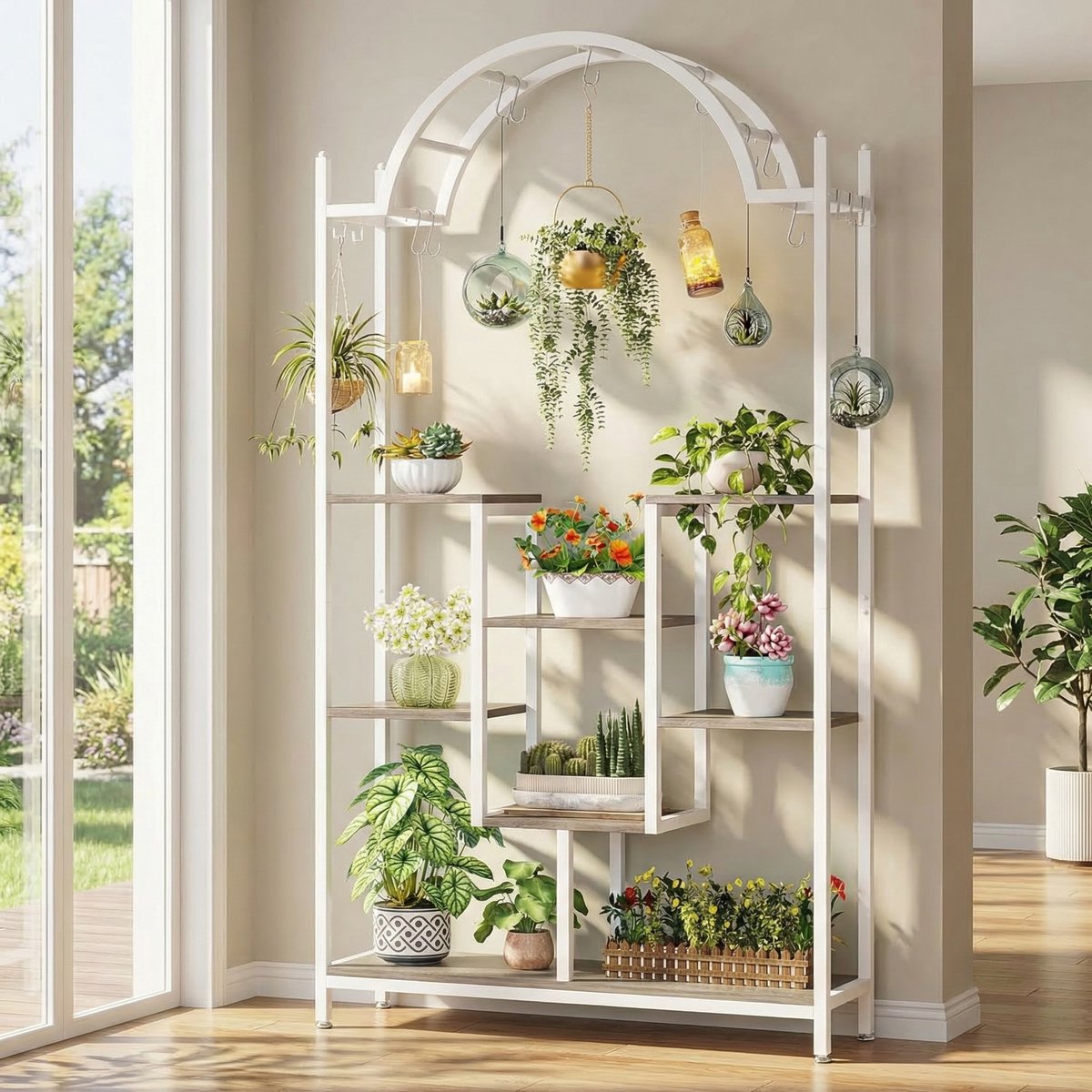 Tribesigns Plantenstandaard - Plantenrek voor Binnen - Plantenrek met 5 Niveaus en 8 S-haken - 100 x 30 x 190 cm - Wit