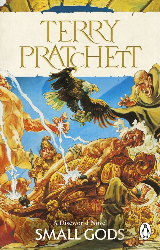 Boekomslag van "Small Gods" door Terry Pratchett, met een adelaar en mythologische figuren.