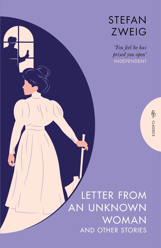 Boekomslag met een illustratie van een vrouw in een witte jurk, die een paraplu vasthoudt. In het paarse vlak staat de titel 'Letter From An Unknown Woman and Other Stories' en de naam 'Stefan Zweig'.