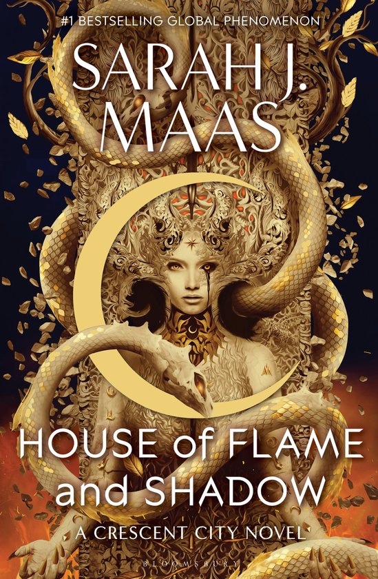 Couverture du livre 'House of Flame and Shadow' avec une femme ornée de décorations dorées et de serpents. #1 BESTSELLING GLOBAL PHENOMENON