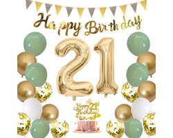 21 jaar verjaardag feest pakket - Saliegroeene verjaardagsdecoratie - Versiering Ballonnen voor feest 21 jaar - Eenentwintig Verjaardag Versiering - Happy Birthday Slingers - vlaggen en taartdecoratie voor de 21e verjaardag van een vrouw