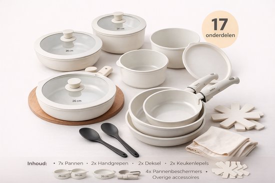 Ensemble de 17 casseroles et poêles blanc avec revêtement antiadhésif, y compris couvercles, poignées, cuillères et protège-casseroles.