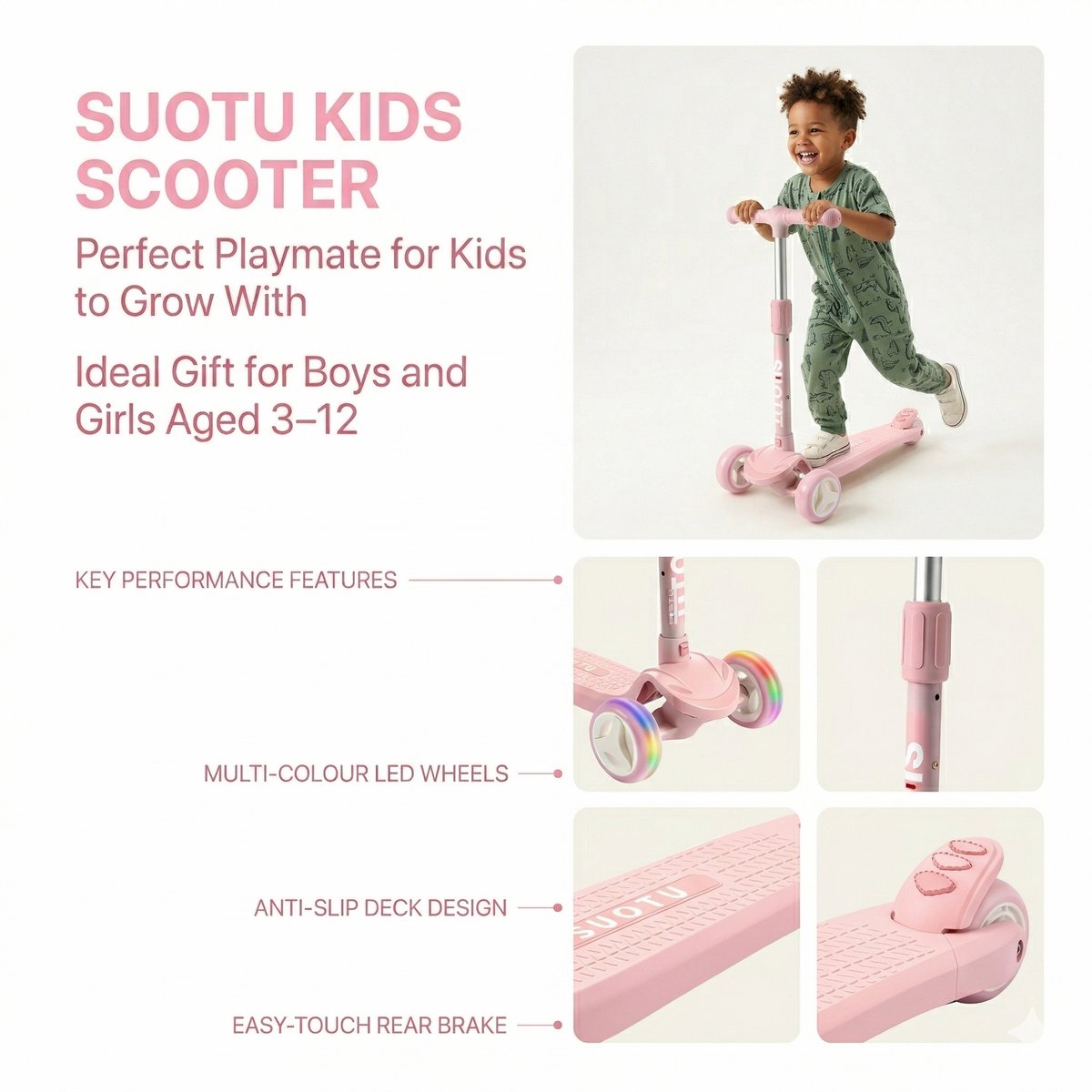 Suotu Kinderstep - Step - 3 Lichtgevende Wielen - EXTRA BREEDE WIELEN - Step 3+ Jaar tot 50kg - Speelgoed Jongens/Meisjes - Roze — afbeelding 5
