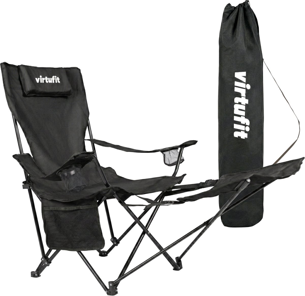 VirtuFit Opvouwbare Camping Stoel met Voetsteun - Strandstoel - Zwart - Inclusief Draagtas, Bekerhouder en Opbergvak