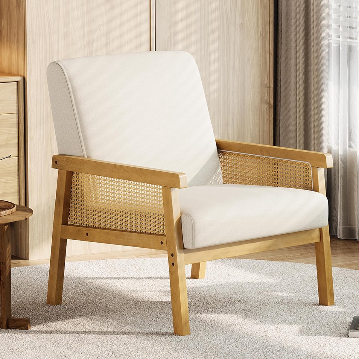 Luxe Linnen Fauteuil met Rotan Armleuningen - Houten Frame & Hoge Rugleuning - Bohemian Leesstoel - Beige