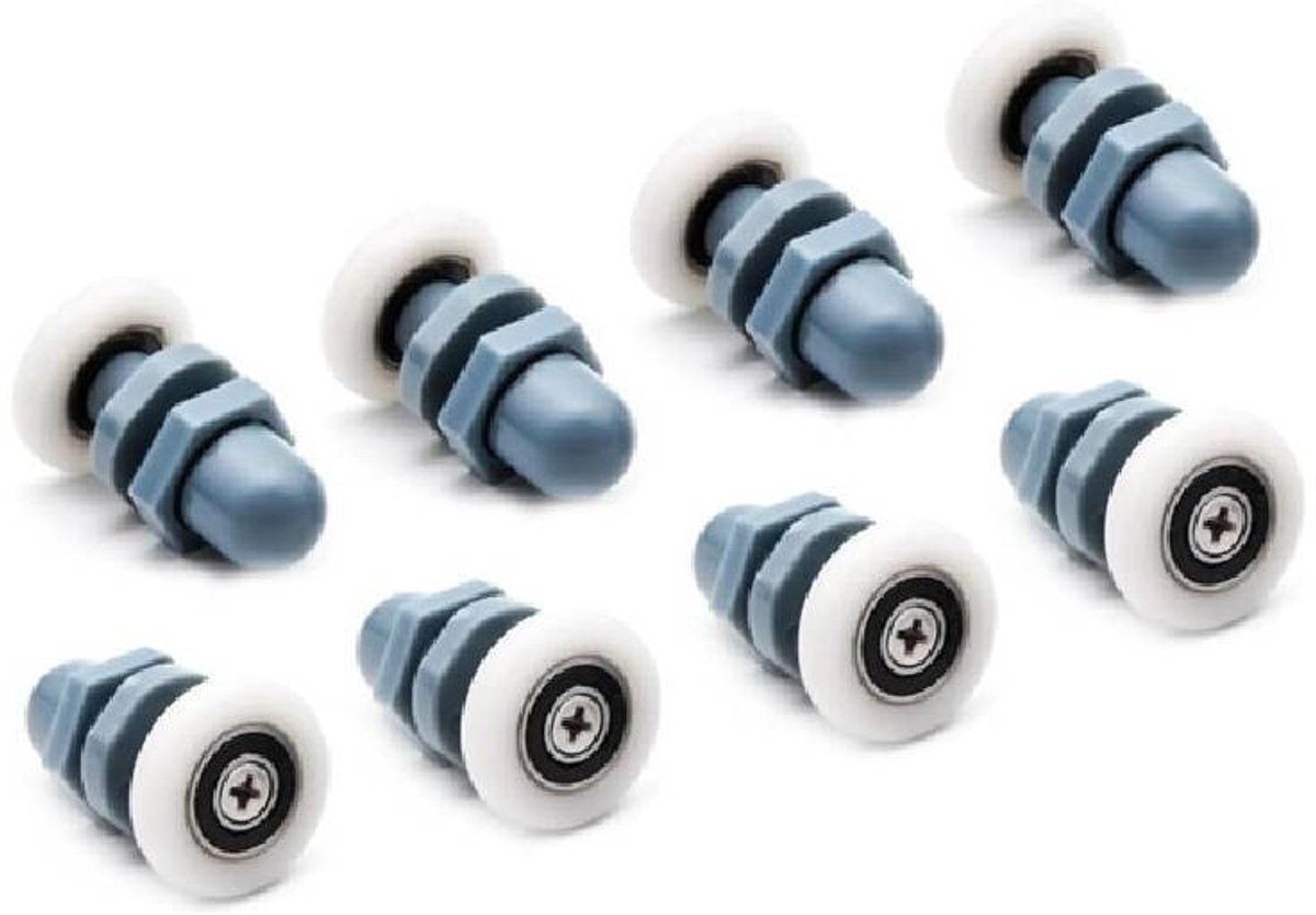 Vervangende wieltjes voor gebogen glazen schuifdeuren van douchecabines - gemaakt van kunststof, nylon en roestvrij staal - 25 mm diameter - grijs - 8 stuks.