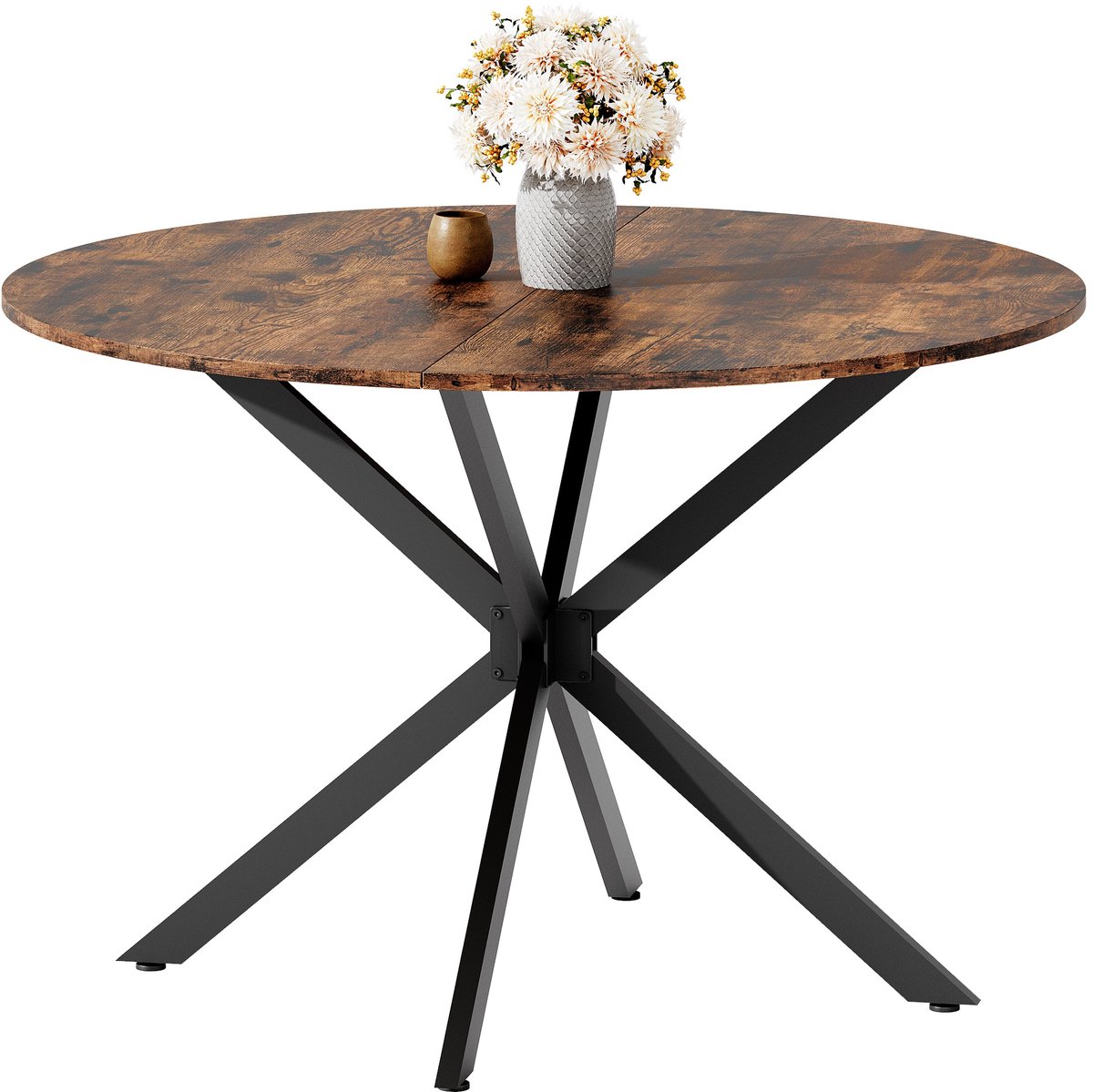Merax Ronde Eettafel Ø120 cm Industrieel – Eettafel 4-6 Personen met Metalen X-Poten – Vin