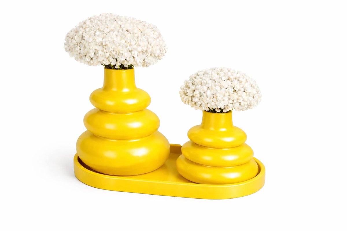QORVANE Home - 3-delige gele vaas set met tray - decoratieve siervazen voor moderne woondecoratie