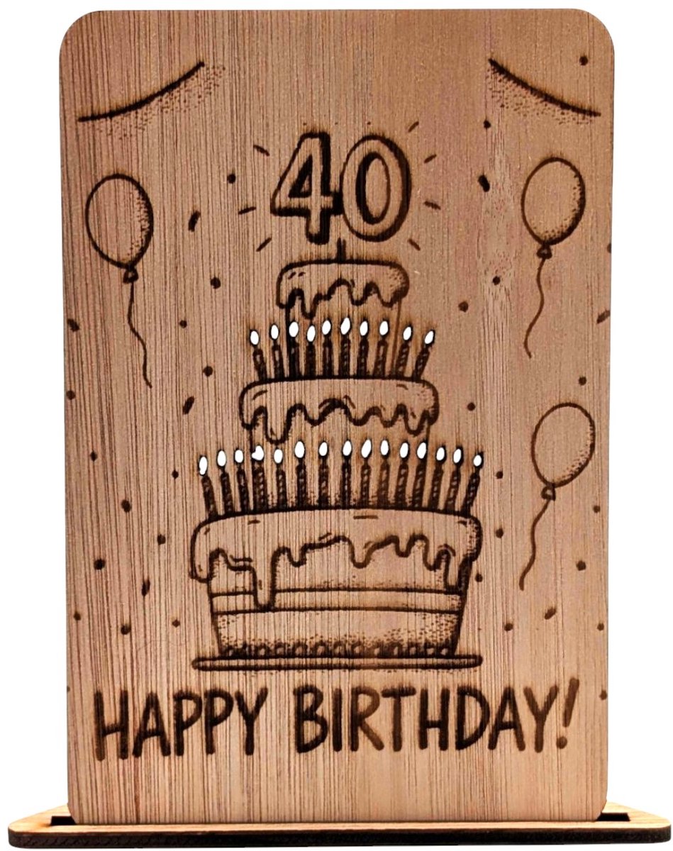 Vilewoods Houten Verjaardagskaart 40 Jaar – Taart Design – Luxe Felicitatiekaart van Hout – Inclusief Envelop – Handgemaakt