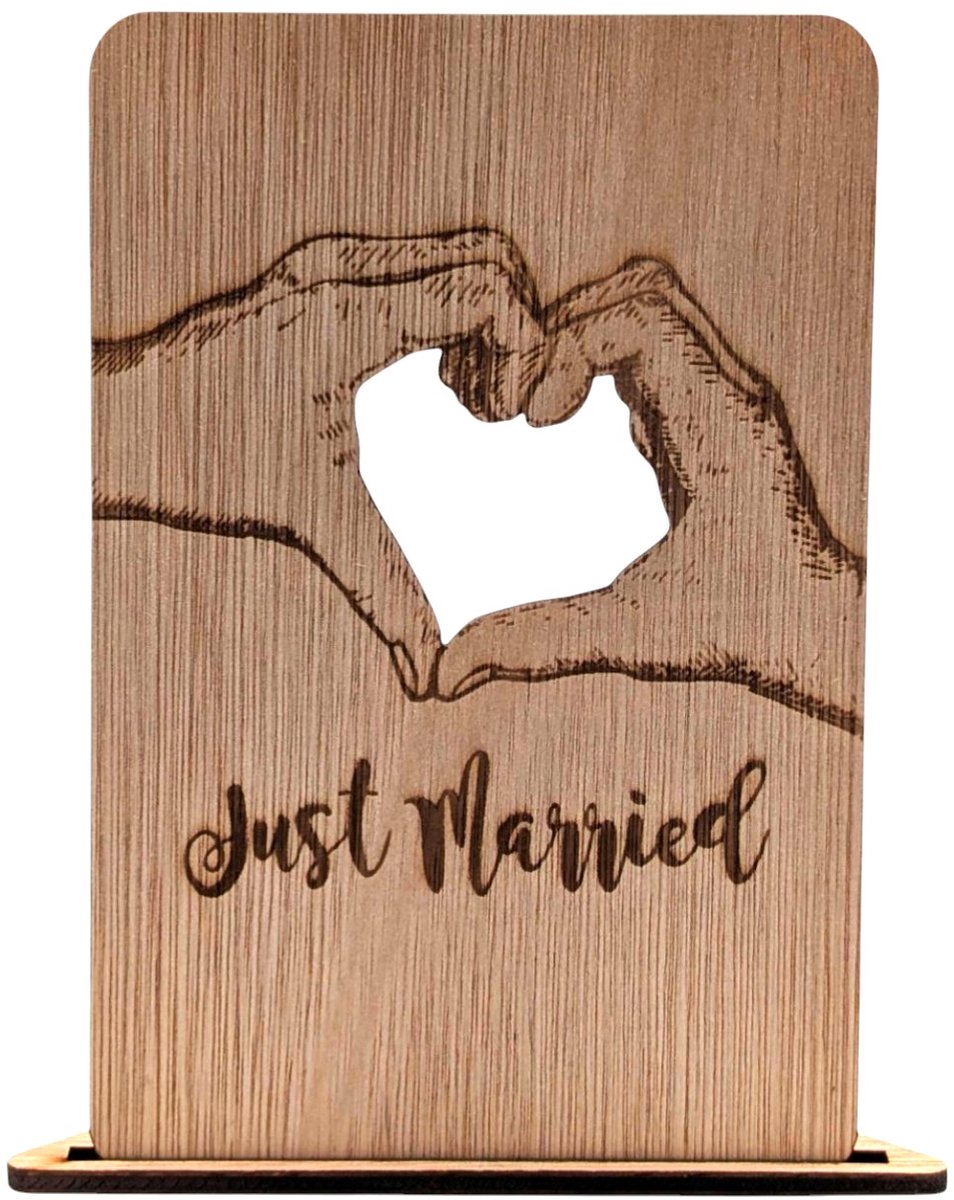 Vilewoods Houten Trouwkaart – Just Married Heart Hands – Inclusief Envelop – Handgemaakt